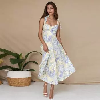 Женское летнее платье средней длины со шнуровкой и принтом «чайная пауза» в стиле бохо с бретелью через шею M синий