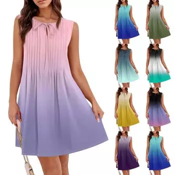 Женское летнее платье, свободное, без рукавов, плиссированное, жилетное платье с карманами L чёрный