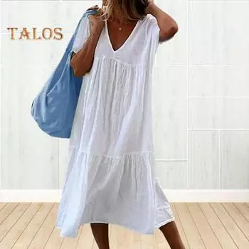 Женское летнее платье Свободное лоскутное плиссированное трапециевидное платье сплошного цвета с V-образным вырезом и короткими рукавами до середины икры Повседневная повседневная одежда Платье миди 3XL чёрный