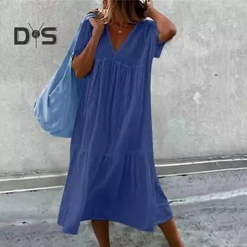 Женское летнее платье Свободное лоскутное плиссированное трапециевидное платье сплошного цвета с V-образным вырезом и короткими рукавами до середины икры Повседневная повседневная одежда Платье миди 3XL чёрный