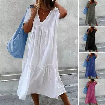 Женское летнее платье Свободное лоскутное плиссированное трапециевидное платье сплошного цвета с V-образным вырезом и короткими рукавами до середины икры Повседневная повседневная одежда Платье миди 3XL чёрный