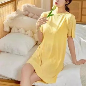 Женское летнее платье, свободное однотонное ледяное шелковое платье с короткими рукавами и круглым вырезом, повседневная одежда, домашняя одежда, пижамы до колена зелёный
