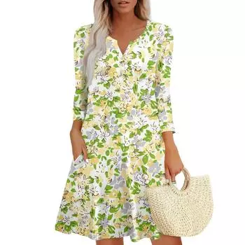 Женское летнее платье, свободное платье с V-образным вырезом, рукавом три четверти и карманами XL жёлтый