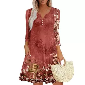 Женское летнее платье, свободное платье с V-образным вырезом, рукавом три четверти и карманами S красный