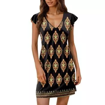 Женское летнее платье, свободное платье-сарафан без рукавов с V-образным вырезом и карманами S коричневый