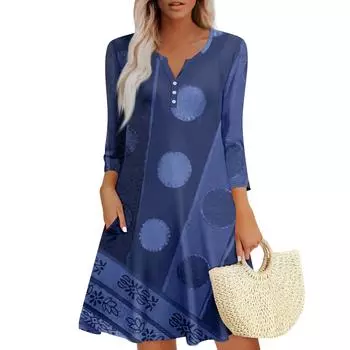Женское летнее платье, свободное платье с V-образным вырезом, рукавом три четверти и карманами XL синий