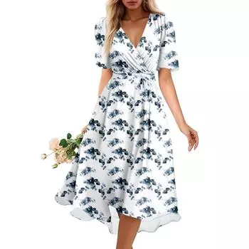 Женское летнее платье, свободное платье-сарафан без рукавов с V-образным вырезом и карманами L белый