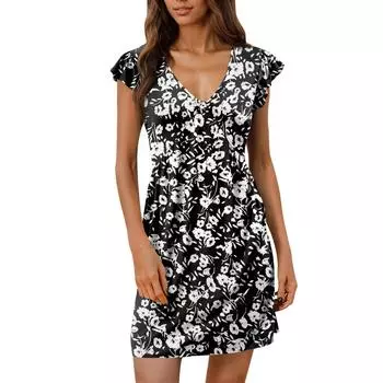 Женское летнее платье, свободное платье-сарафан без рукавов с V-образным вырезом и карманами M чёрный