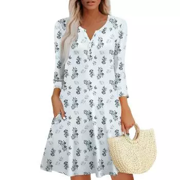Женское летнее платье, свободное платье с V-образным вырезом, рукавом три четверти и карманами L