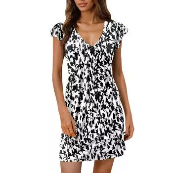 Женское летнее платье, свободное платье-сарафан без рукавов с V-образным вырезом и карманами M чёрный