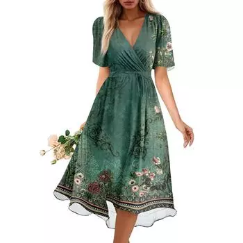 Женское летнее платье, свободное платье-сарафан без рукавов с V-образным вырезом и карманами M зелёный