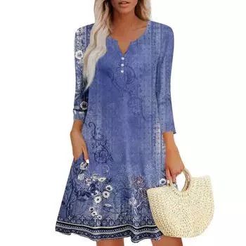 Женское летнее платье, свободное платье с V-образным вырезом, рукавом три четверти и карманами XL фиолетовый