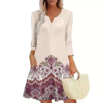 Женское летнее платье, свободное платье с V-образным вырезом, рукавом три четверти и карманами S бежевый