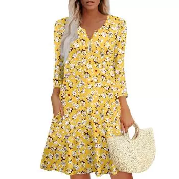 Женское летнее платье, свободное платье с V-образным вырезом, рукавом три четверти и карманами L жёлтый