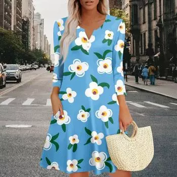 Женское летнее платье, свободное платье с V-образным вырезом, рукавом три четверти и карманами L розовый