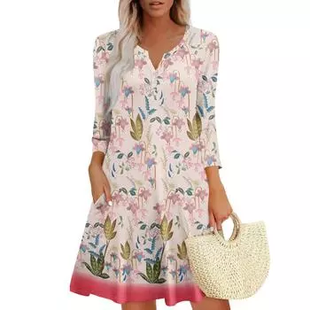 Женское летнее платье, свободное платье с V-образным вырезом, рукавом три четверти и карманами S