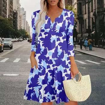 Женское летнее платье, свободное платье с V-образным вырезом, рукавом три четверти и карманами S