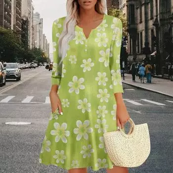 Женское летнее платье, свободное платье с V-образным вырезом, рукавом три четверти и карманами XL винный