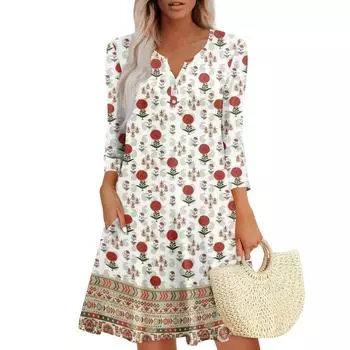 Женское летнее платье, свободное платье с V-образным вырезом, рукавом три четверти и карманами XL хаки