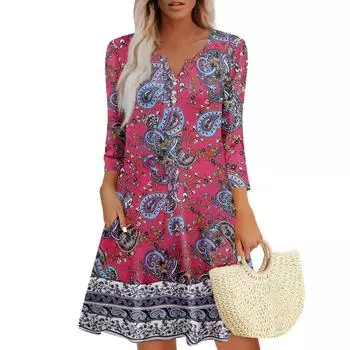 Женское летнее платье, свободное платье с V-образным вырезом, рукавом три четверти и карманами XXL