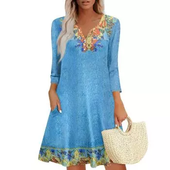 Женское летнее платье, свободное платье с V-образным вырезом, рукавом три четверти и карманами M синий