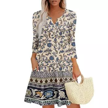 Женское летнее платье, свободное платье с V-образным вырезом, рукавом три четверти и карманами XL бежевый