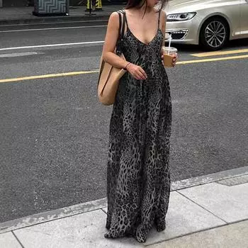 Женское летнее платье свободного кроя с глубоким V-образным вырезом и леопардовым принтом XXL