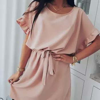 Женское летнее платье свободного кроя с коротким рукавом и оборками, повседневная однотонная юбка S хаки
