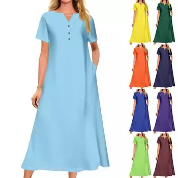 Женское летнее платье свободного кроя с принтом, V-образным вырезом и короткими рукавами L