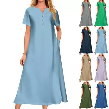 Женское летнее платье свободного кроя с принтом, V-образным вырезом и короткими рукавами L