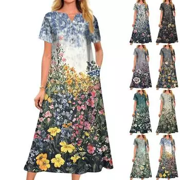 Женское летнее платье свободного кроя с принтом, V-образным вырезом и короткими рукавами L