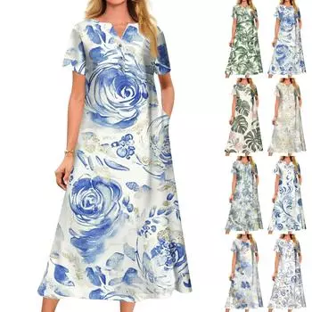 Женское летнее платье свободного кроя с принтом, V-образным вырезом и короткими рукавами L