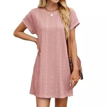 Женское летнее платье свободного кроя с круглым вырезом, карманами, короткими рукавами и средней длиной S чёрный