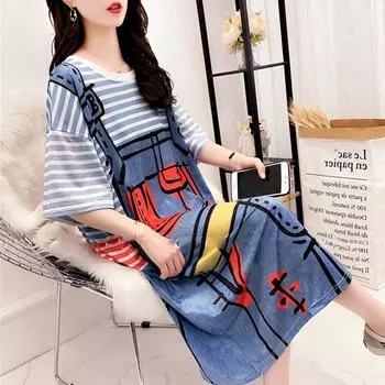 Женское летнее платье свободного кроя с коротким рукавом и принтом в виде мультфильма, поддельные подтяжки в две полоски, футболка-платье S чёрный