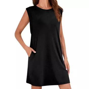 Женское летнее платье свободного покроя без рукавов с круглым вырезом футболка платье One Size чёрный
