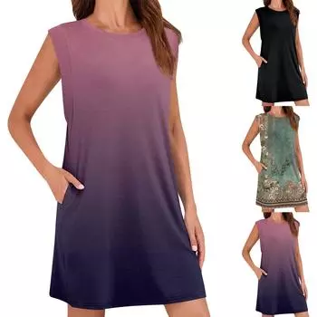 Женское летнее платье свободного покроя без рукавов с круглым вырезом футболка платье One Size чёрный