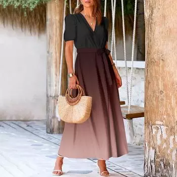 Женское летнее платье свободного покроя для пляжного отдыха, повседневное платье-жилет с глубоким V-образным вырезом, элегантное платье-рубашка L коричневый
