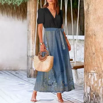 Женское летнее платье свободного покроя для пляжного отдыха, повседневное платье-жилет с глубоким V-образным вырезом, элегантное платье-рубашка L темно-синий