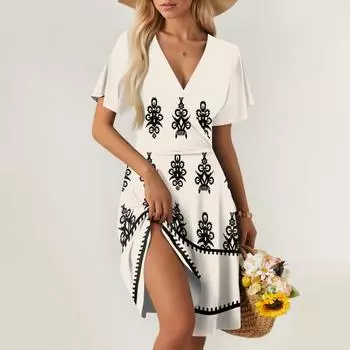 Женское летнее платье свободного покроя для пляжного отдыха с глубоким V-образным вырезом и коротким рукавом, элегантное платье-рубашка XL бежевый