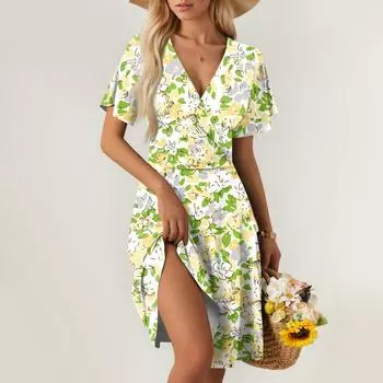 Женское летнее платье свободного покроя для пляжного отдыха с глубоким V-образным вырезом и коротким рукавом, элегантное платье-рубашка XXL жёлтый