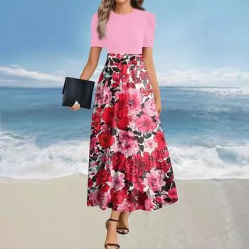 Женское летнее платье свободного покроя для пляжного отдыха, повседневное платье-жилет с глубоким V-образным вырезом, элегантное платье-рубашка XXL розовый