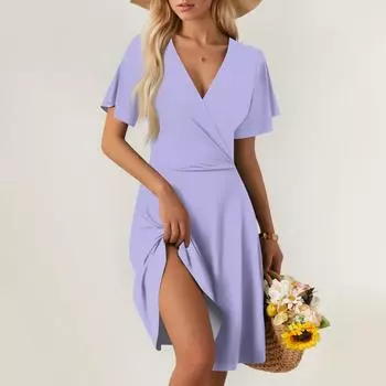 Женское летнее платье свободного покроя для пляжного отдыха с глубоким V-образным вырезом и коротким рукавом, элегантное платье-рубашка M