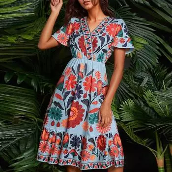 Женское летнее платье свободного покроя для пляжного отдыха, повседневное платье-жилет с глубоким V-образным вырезом, элегантное платье-рубашка S синий