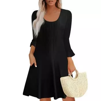 Женское летнее платье свободного покроя для пляжного отдыха, сарафан с коротким рукавом и круглым вырезом, с карманом, с коротким рукавом, платье-рубашка S чёрный