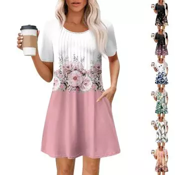 Женское летнее платье свободного покроя для пляжного отдыха, сарафан с коротким рукавом и круглым вырезом, с карманом, с коротким рукавом, платье-рубашка L чёрный