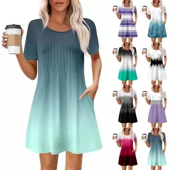 Женское летнее платье свободного покроя для пляжного отдыха, сарафан с коротким рукавом и круглым вырезом, с карманом, с коротким рукавом, платье-рубашка L чёрный