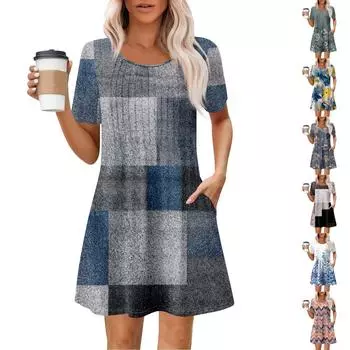 Женское летнее платье свободного покроя для пляжного отдыха, сарафан с коротким рукавом и круглым вырезом, с карманом, с коротким рукавом, платье-рубашка L чёрный