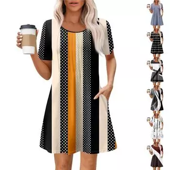 Женское летнее платье свободного покроя для пляжного отдыха, сарафан с коротким рукавом и круглым вырезом, с карманом, с коротким рукавом, платье-рубашка L чёрный