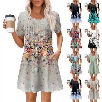 Женское летнее платье свободного покроя для пляжного отдыха, сарафан с коротким рукавом и круглым вырезом, с карманом, с коротким рукавом, платье-рубашка L чёрный