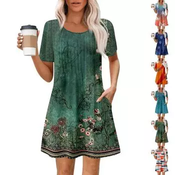 Женское летнее платье свободного покроя для пляжного отдыха, сарафан с коротким рукавом и круглым вырезом, с карманом, с коротким рукавом, платье-рубашка L армия зеленый